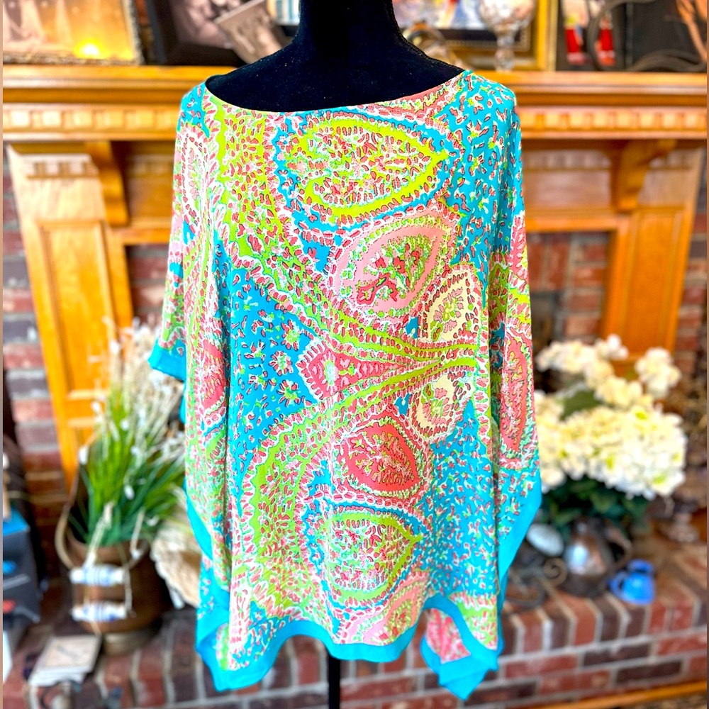 Talbots 100% Silk Vibrant Paisley Women's Topper poncho 2X/3X new/unworn 33”wide